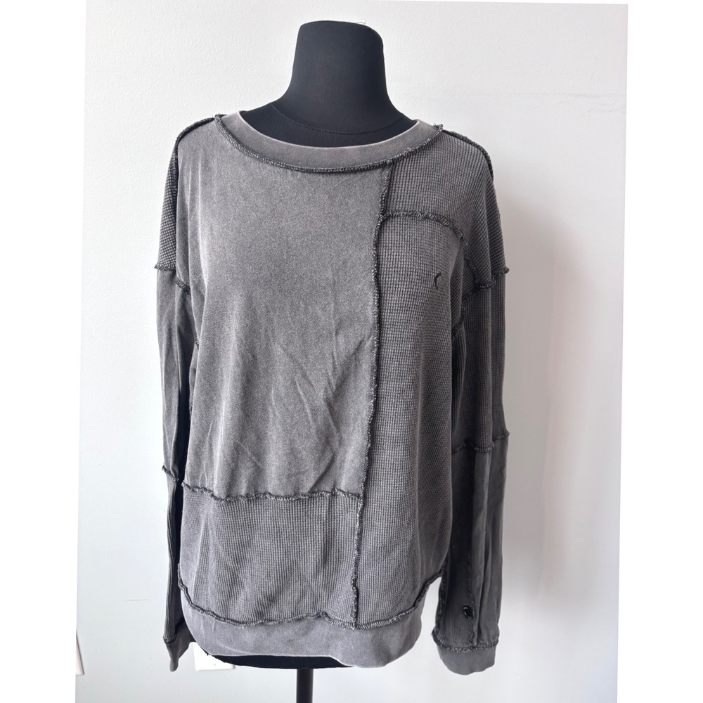 ZIYA Womens Gray Distressed Waffle Knit Long Sleeve Patchwork Top‎